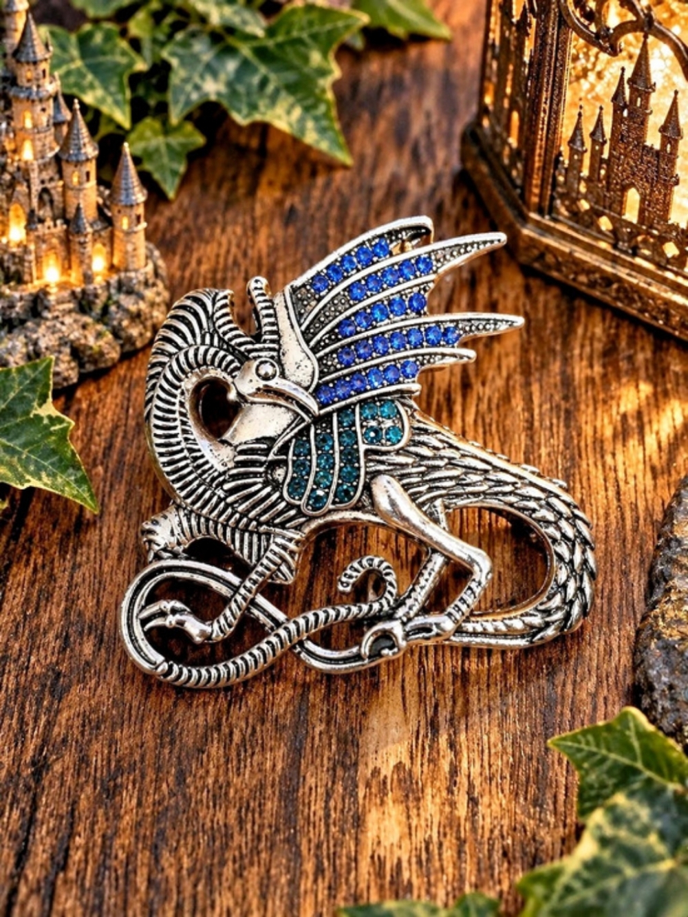 Dragon Brooch in Silver & Blue